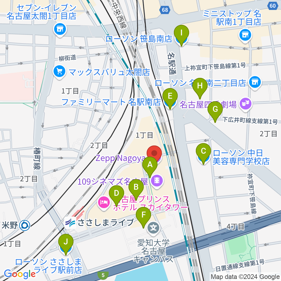 Zepp名古屋周辺のコンビニエンスストア一覧地図