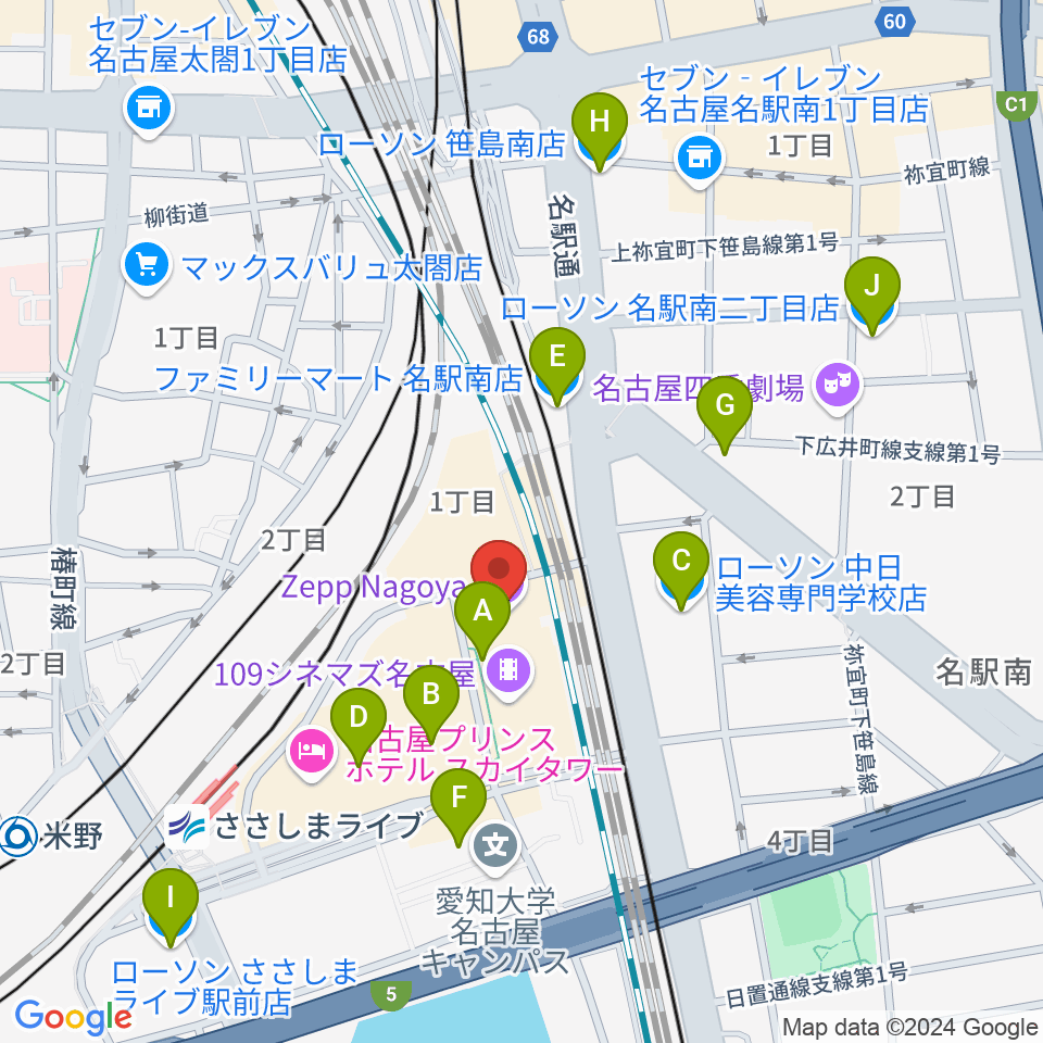 Zepp名古屋周辺のコンビニエンスストア一覧地図