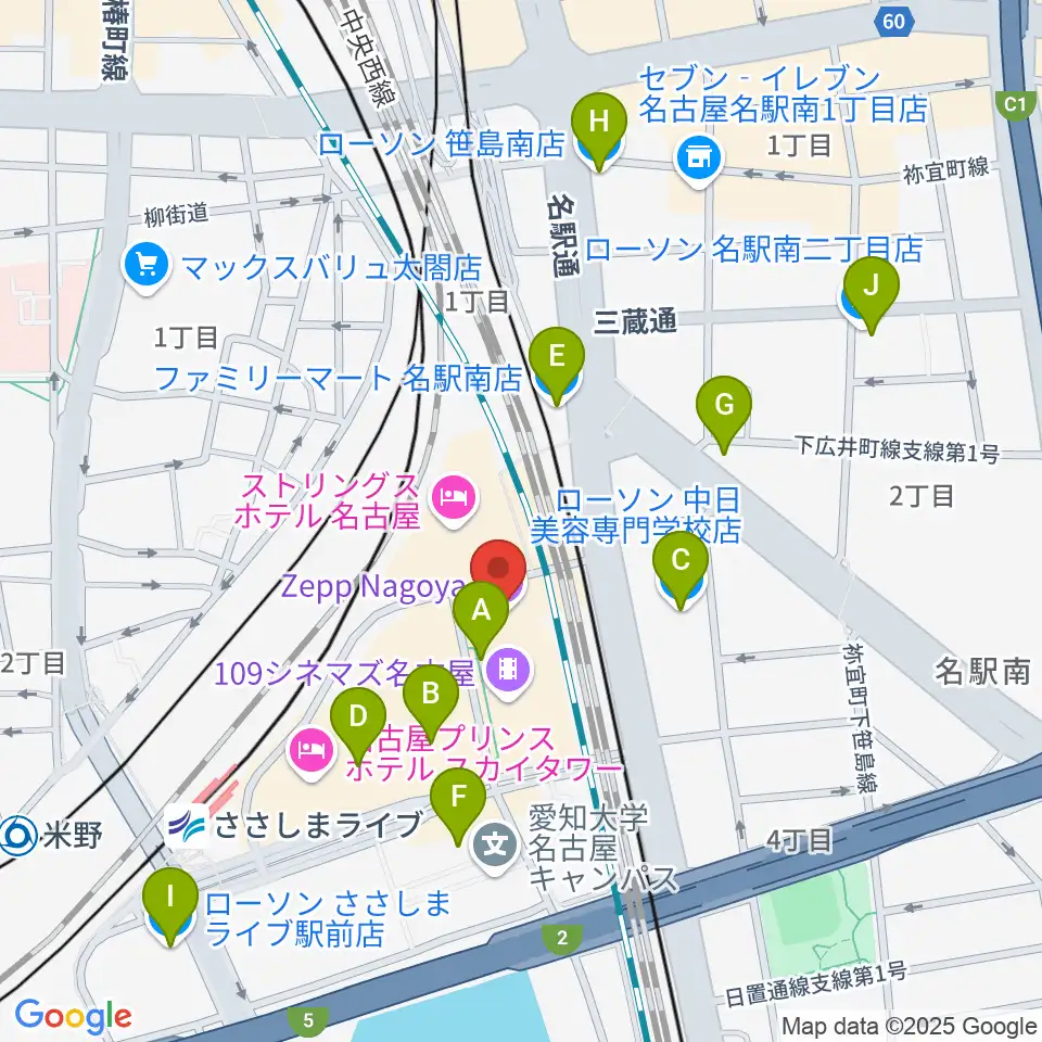 Zepp名古屋周辺のコンビニエンスストア一覧地図