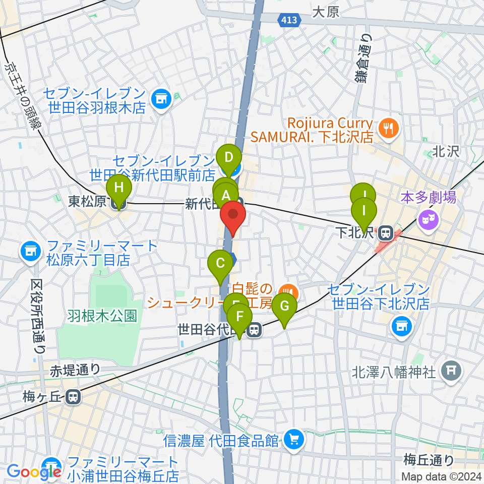 新代田クロッシング周辺のコンビニエンスストア一覧地図