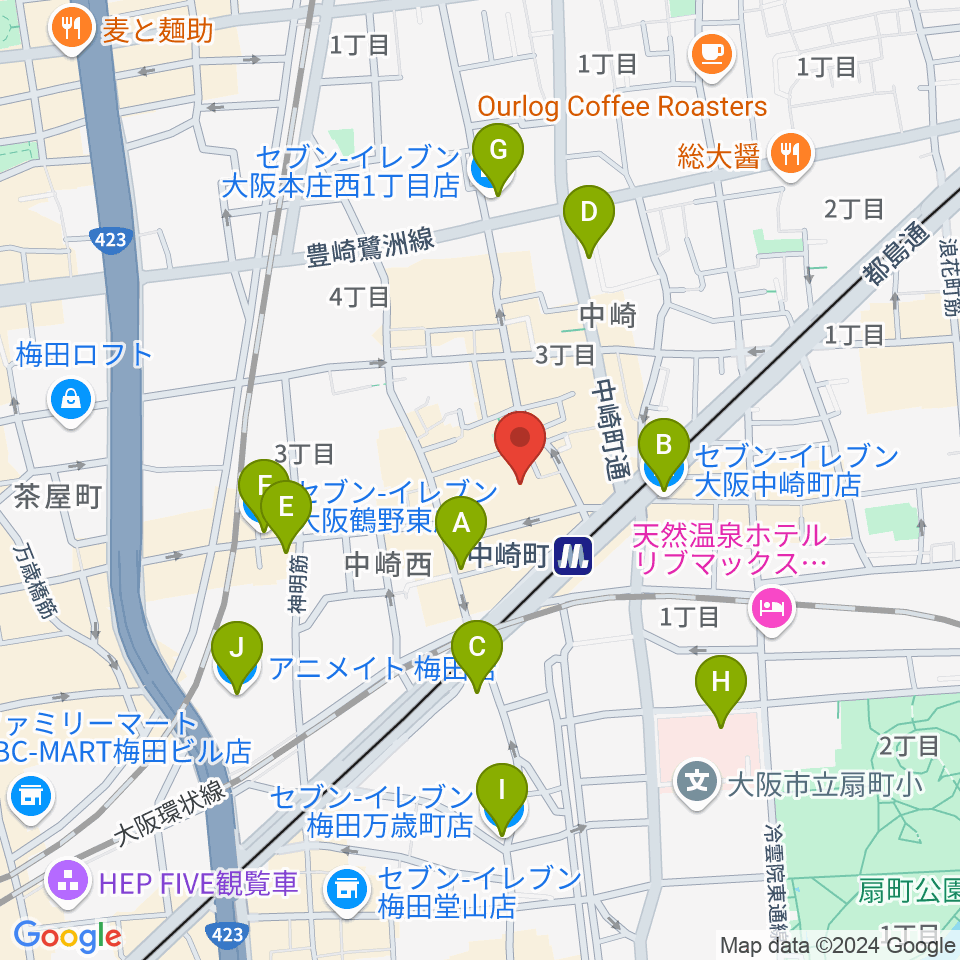 中崎町ホール周辺のコンビニエンスストア一覧地図