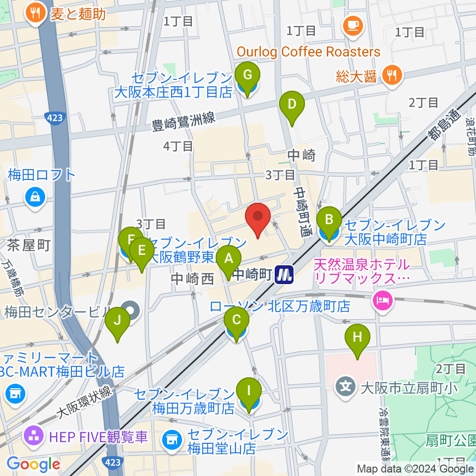 中崎町ホール周辺のコンビニエンスストア一覧地図