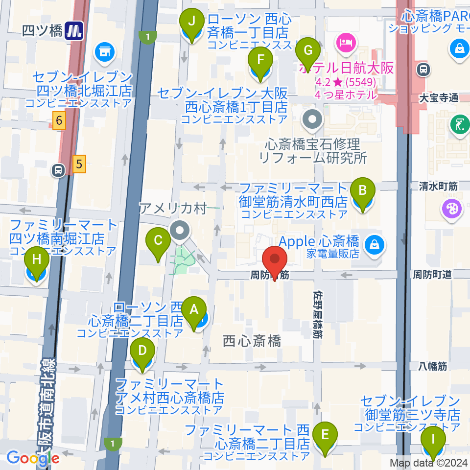 心斎橋パンゲア周辺のコンビニエンスストア一覧地図