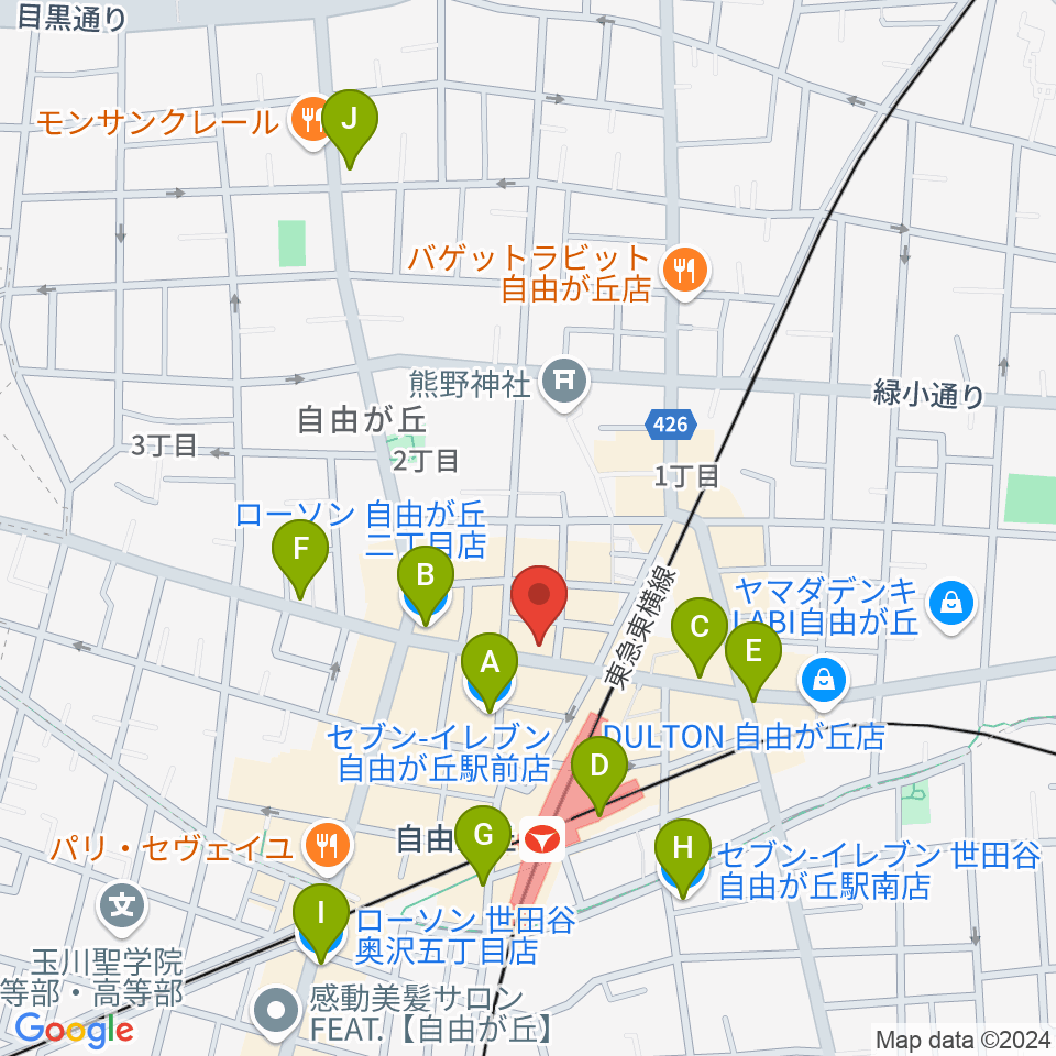 自由が丘hyphen周辺のコンビニエンスストア一覧地図