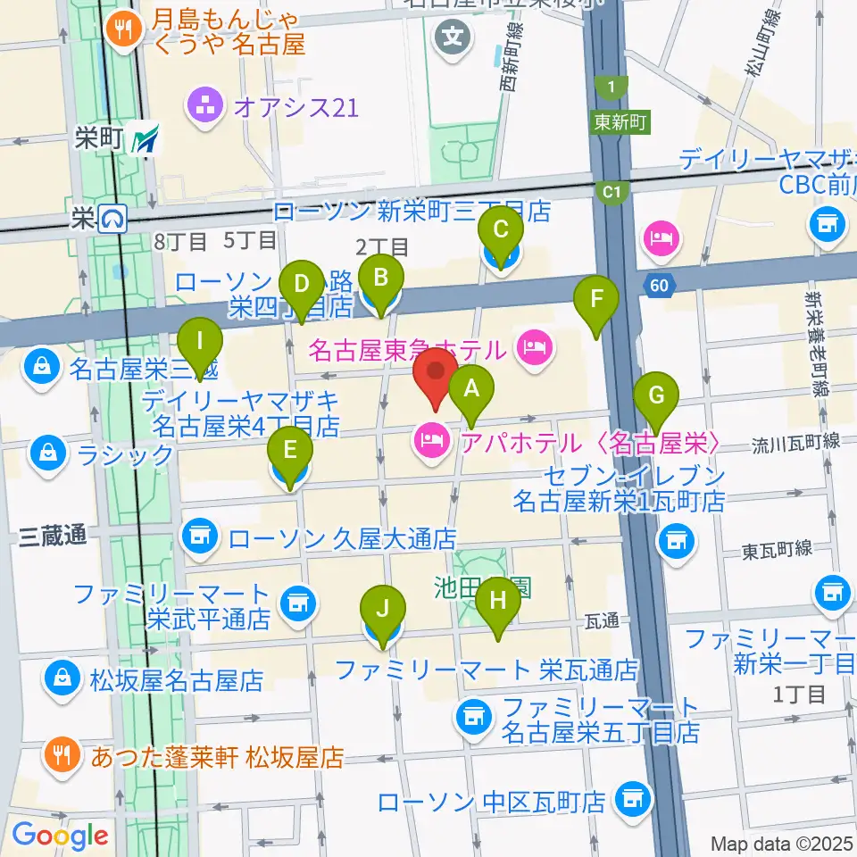 栄Party'z周辺のコンビニエンスストア一覧地図