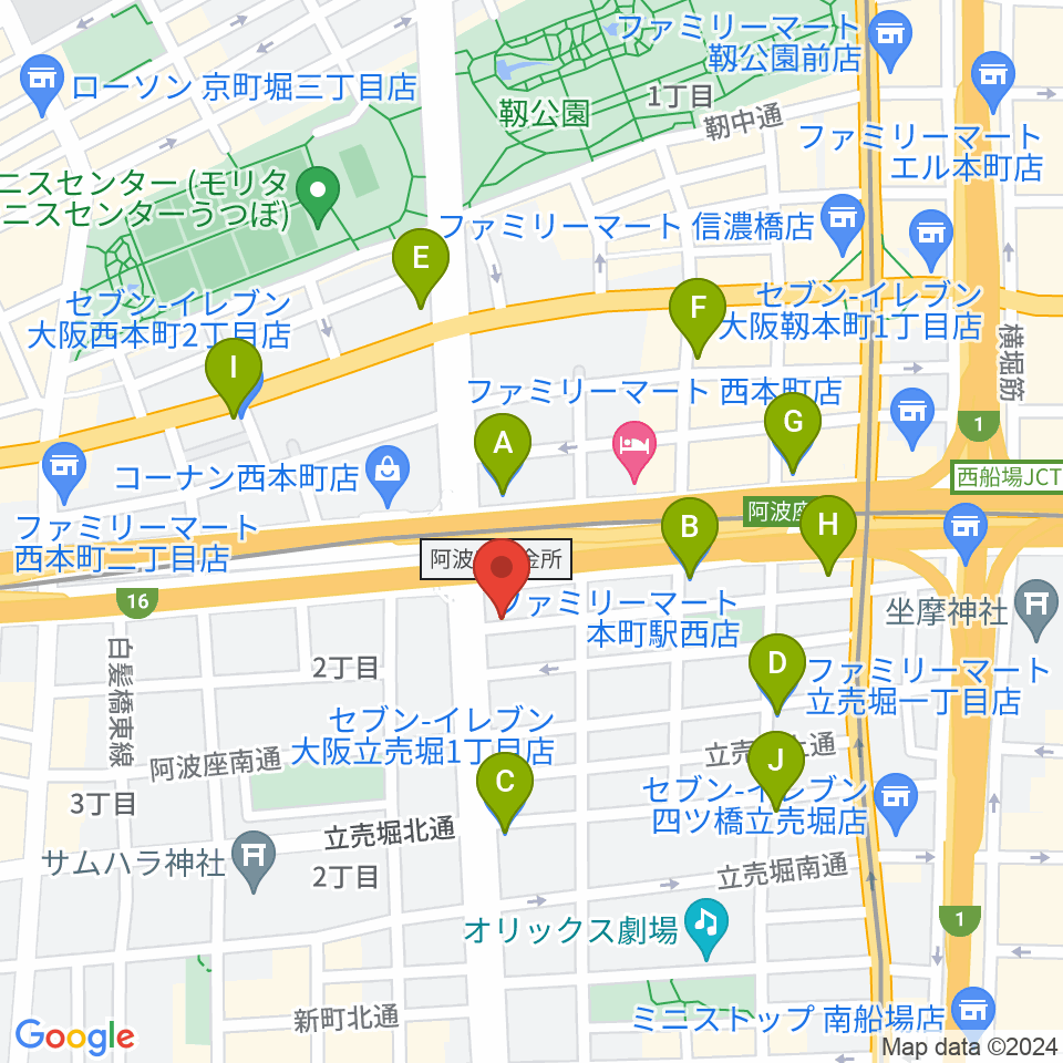 阿波座BIG JACK周辺のコンビニエンスストア一覧地図