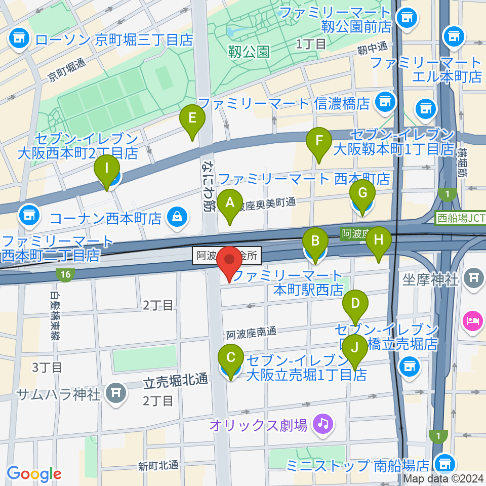 阿波座BIG JACK周辺のコンビニエンスストア一覧地図