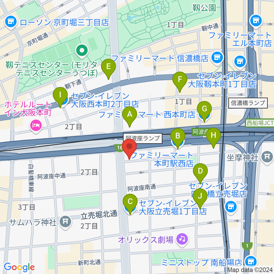 阿波座BIG JACK周辺のコンビニエンスストア一覧地図