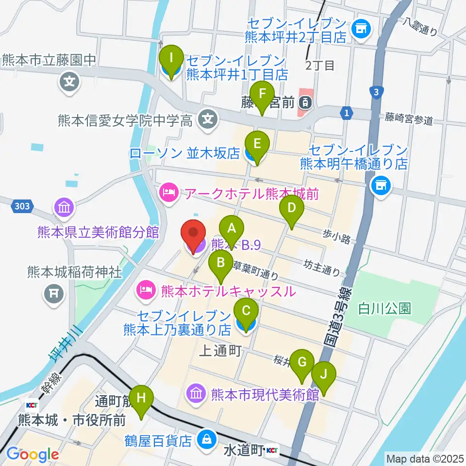 熊本B.9周辺のコンビニエンスストア一覧地図