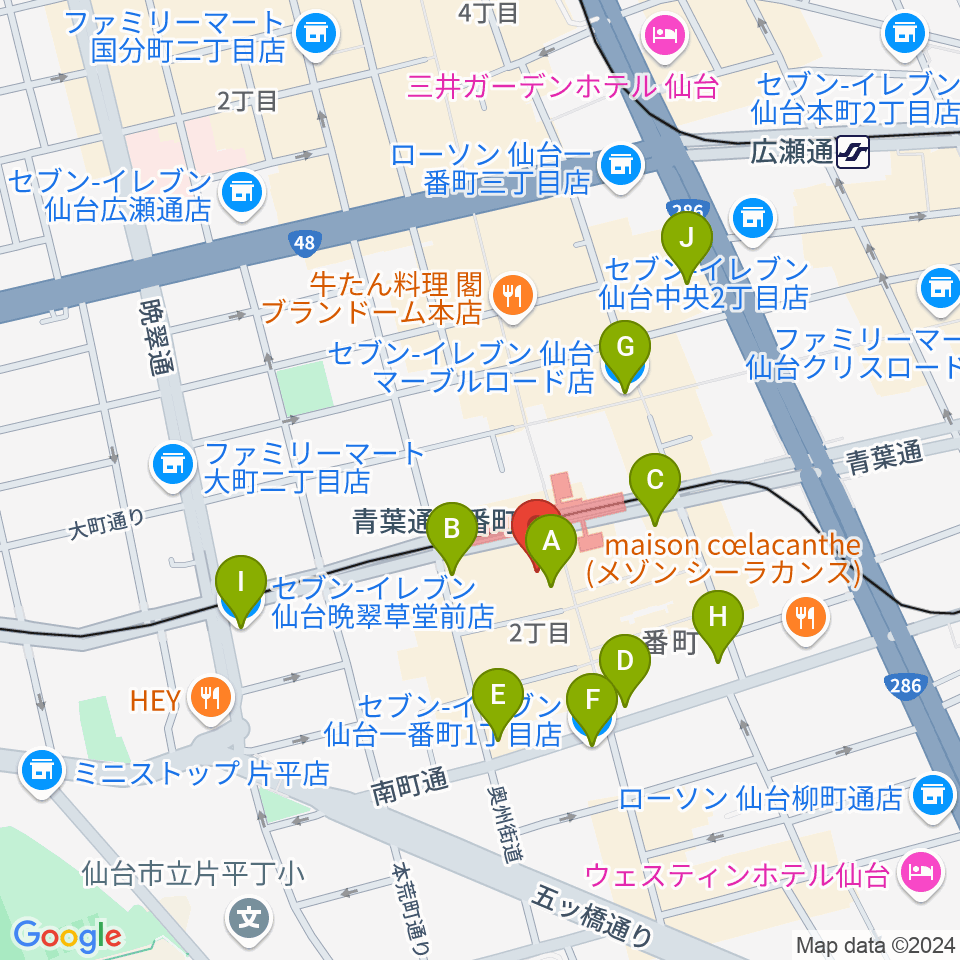 仙台MACANA周辺のコンビニエンスストア一覧地図