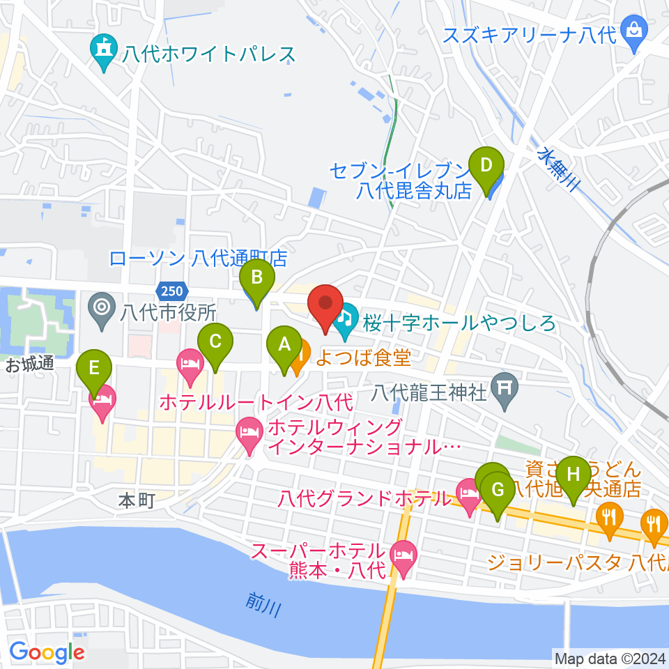 桜十字ホールやつしろ周辺のコンビニエンスストア一覧地図