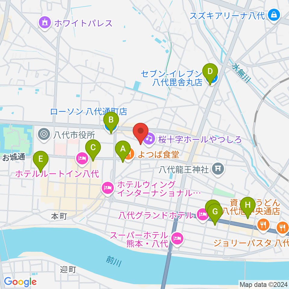 桜十字ホールやつしろ周辺のコンビニエンスストア一覧地図