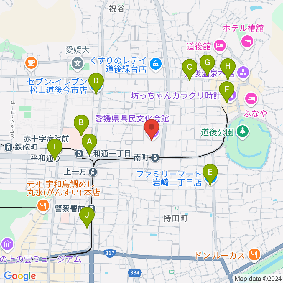 愛媛県県民文化会館周辺のコンビニエンスストア一覧地図