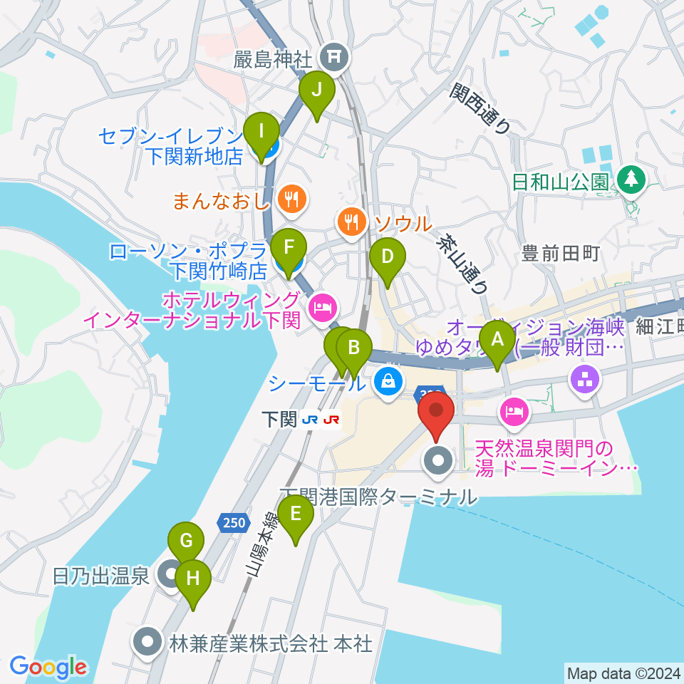 下関市民会館周辺のコンビニエンスストア一覧地図