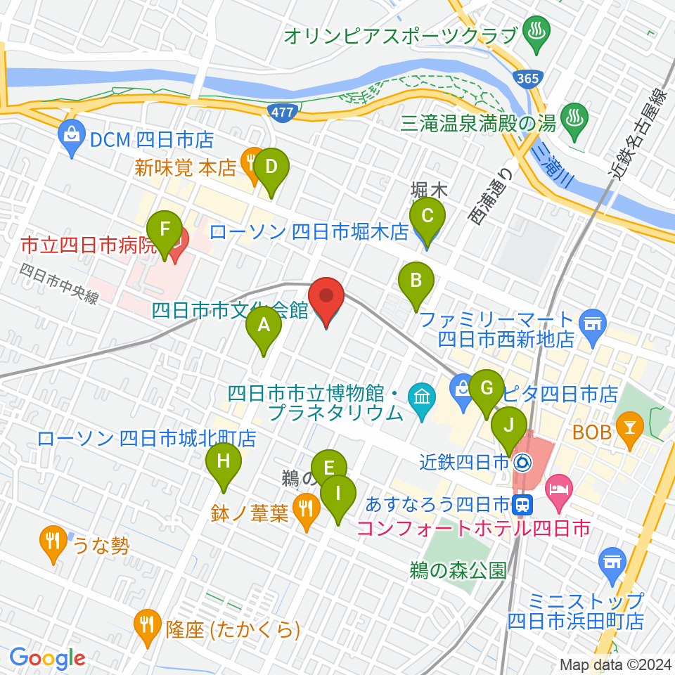 四日市市文化会館周辺のコンビニエンスストア一覧地図