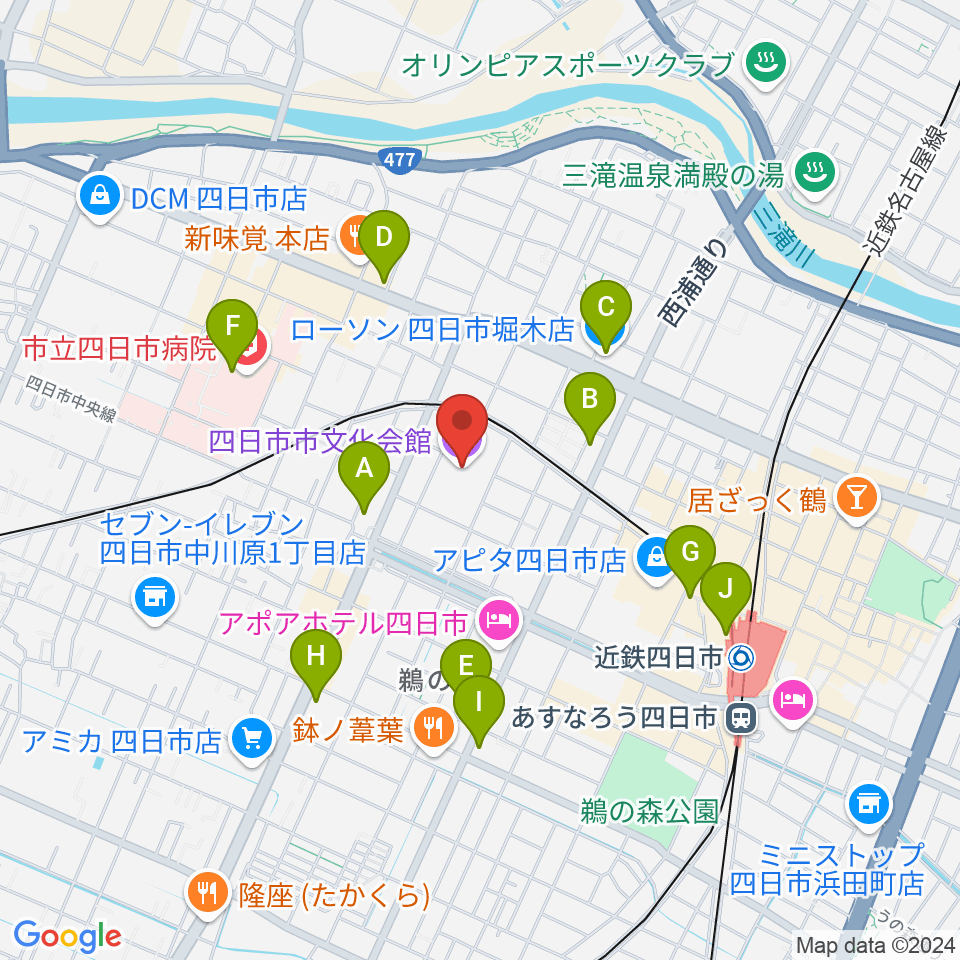 四日市市文化会館周辺のコンビニエンスストア一覧地図