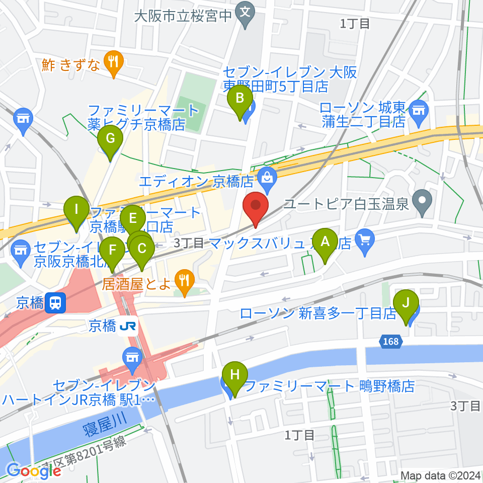 京橋ベロニカ周辺のコンビニエンスストア一覧地図