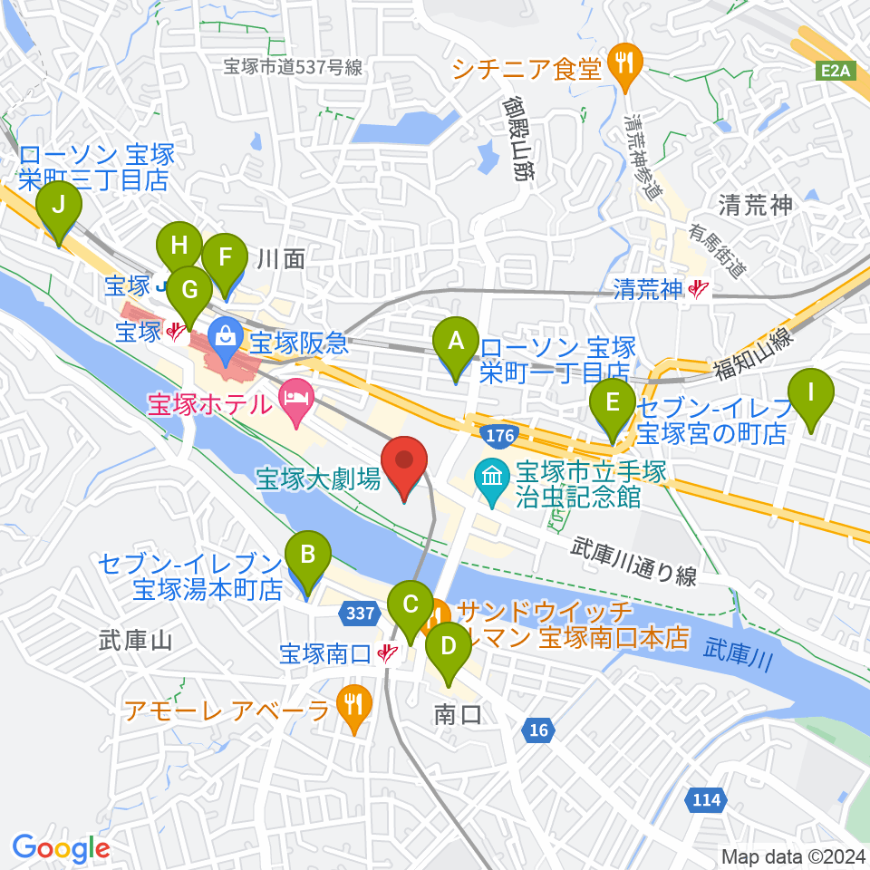 宝塚大劇場・宝塚バウホール周辺のコンビニエンスストア一覧地図