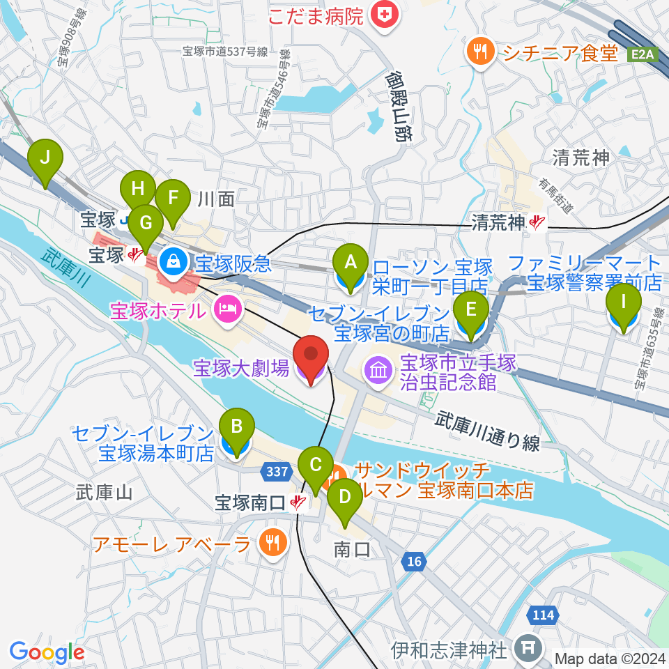 宝塚大劇場・宝塚バウホール周辺のコンビニエンスストア一覧地図