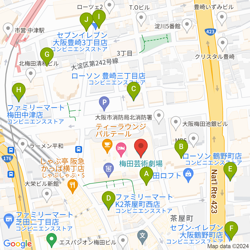 梅田芸術劇場周辺のコンビニエンスストア一覧地図