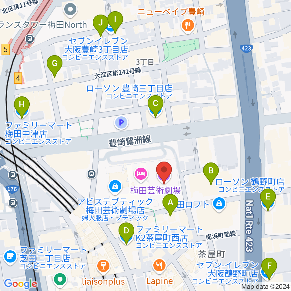 梅田芸術劇場周辺のコンビニエンスストア一覧地図