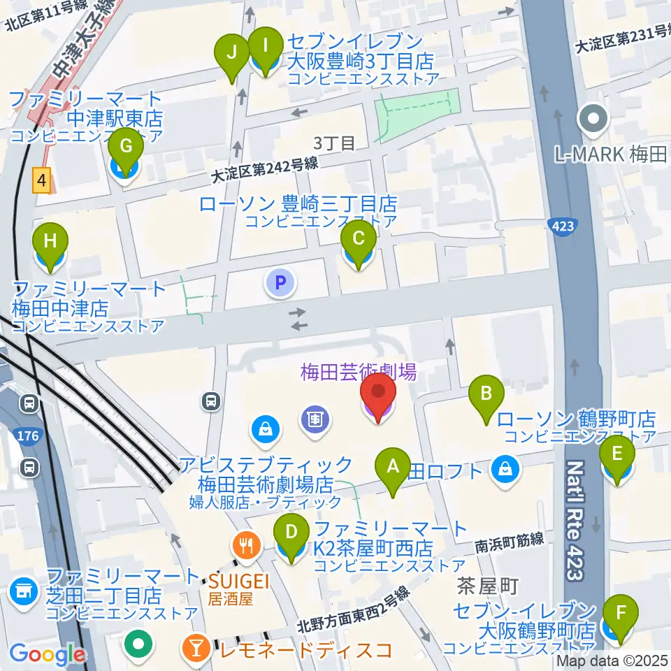 梅田芸術劇場周辺のコンビニエンスストア一覧地図