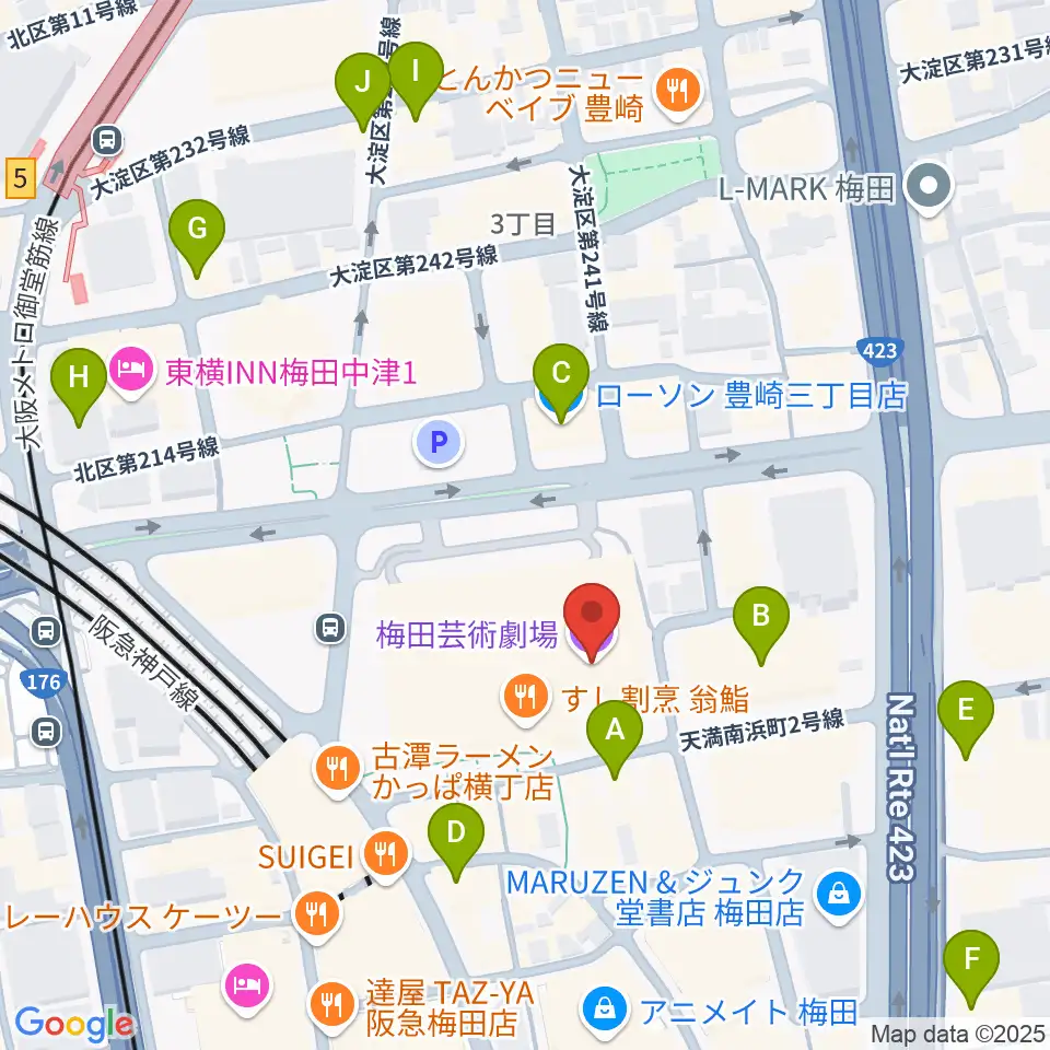 梅田芸術劇場周辺のコンビニエンスストア一覧地図