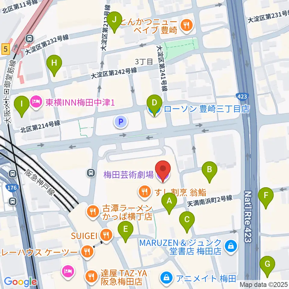 梅田芸術劇場周辺のコンビニエンスストア一覧地図