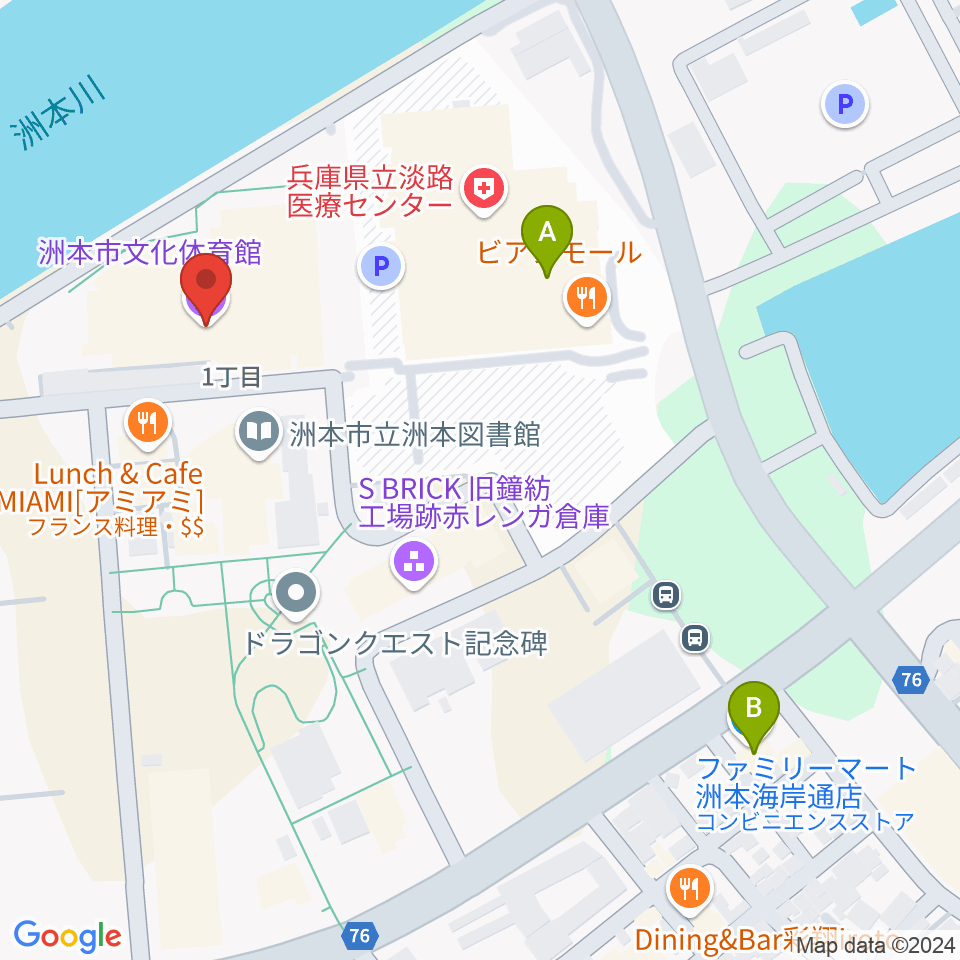 洲本市文化体育館周辺のコンビニエンスストア一覧地図