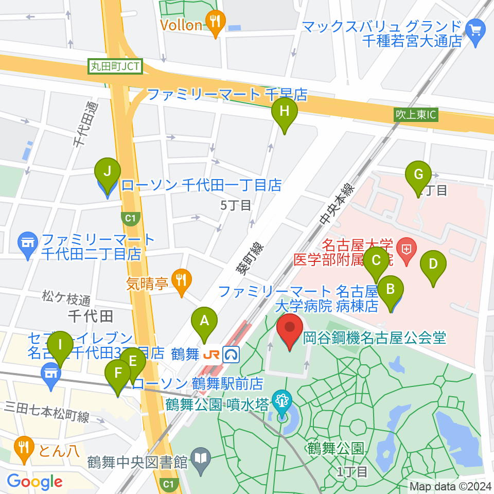 岡谷鋼機名古屋公会堂周辺のコンビニエンスストア一覧地図