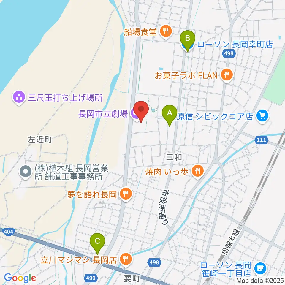長岡市立劇場周辺のコンビニエンスストア一覧地図