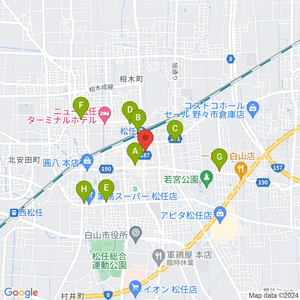 白山市松任学習センタープララ周辺のコンビニエンスストア一覧地図