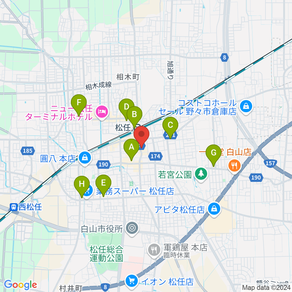 白山市松任学習センタープララ周辺のコンビニエンスストア一覧地図