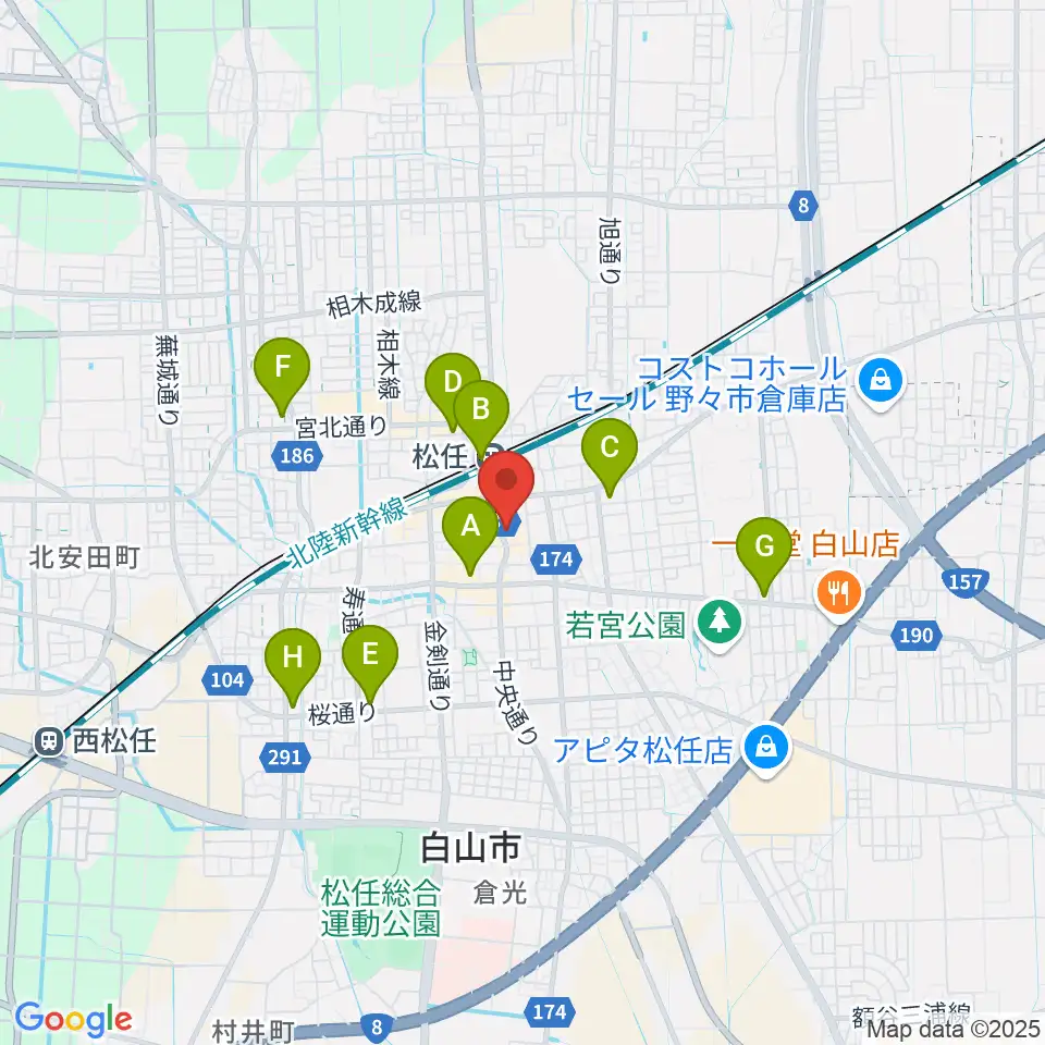 白山市松任学習センタープララ周辺のコンビニエンスストア一覧地図