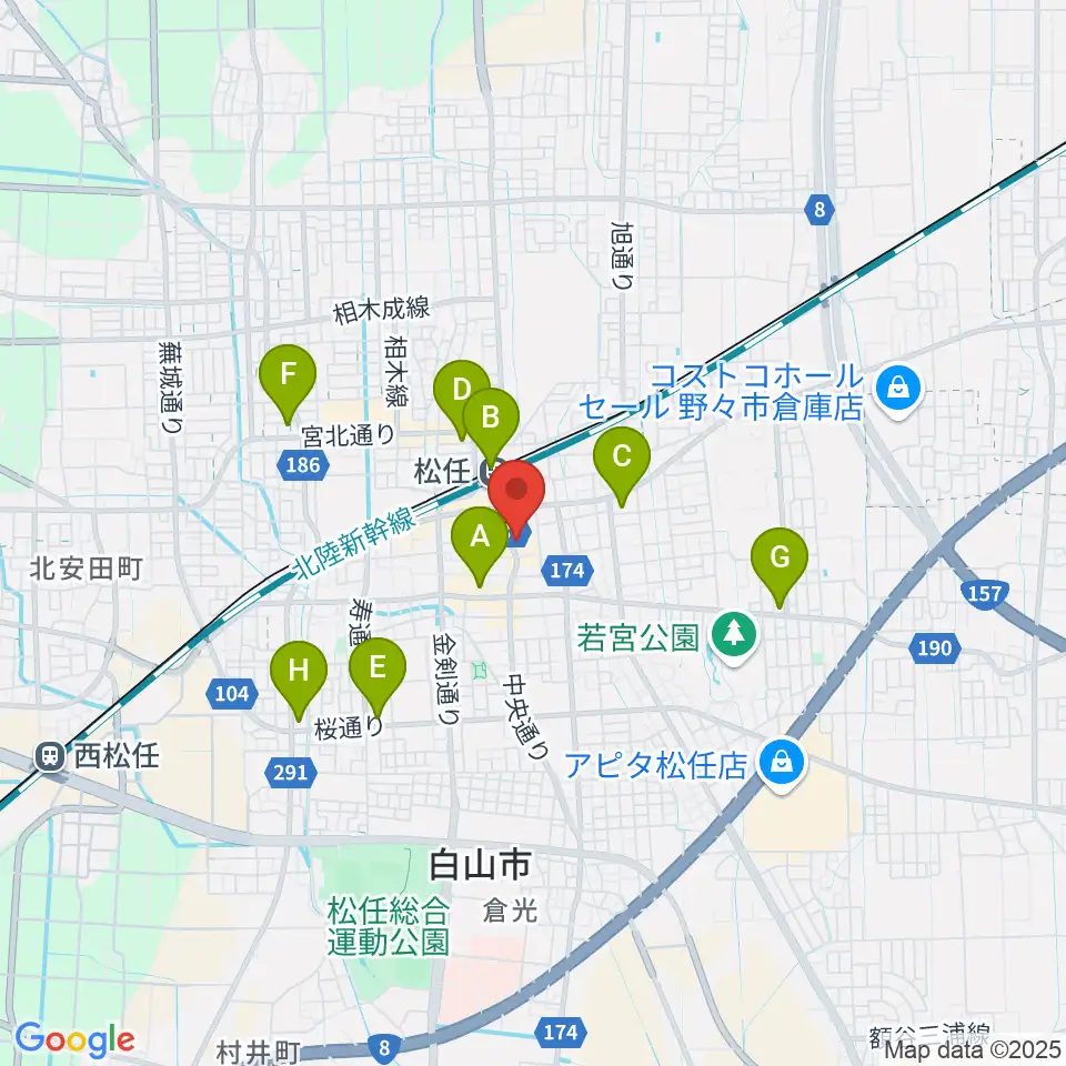 白山市松任学習センタープララ周辺のコンビニエンスストア一覧地図