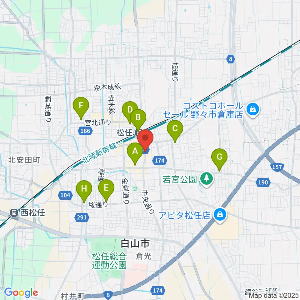 白山市松任学習センタープララ周辺のコンビニエンスストア一覧地図