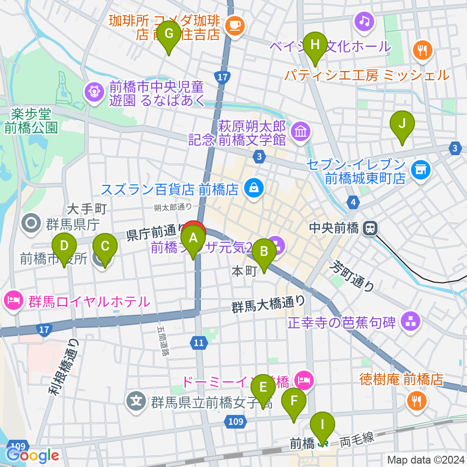 前橋DYVER周辺のコンビニエンスストア一覧地図