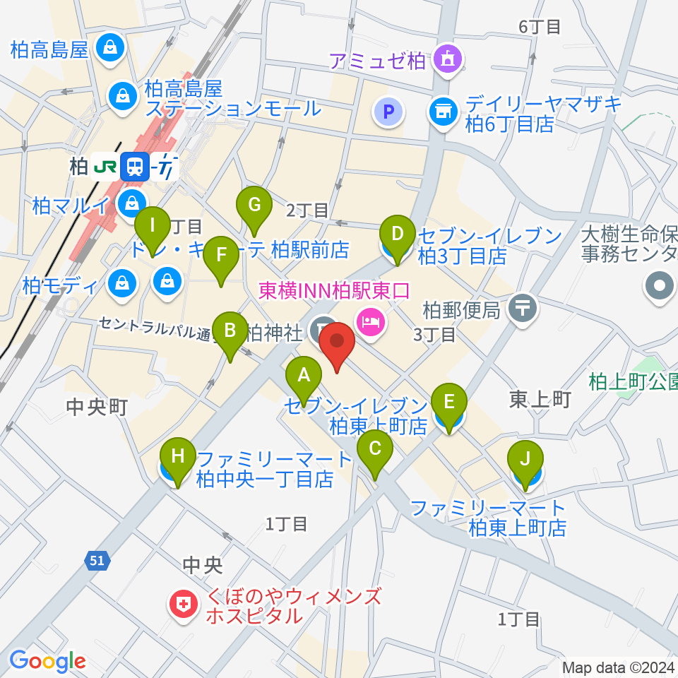 柏PALOOZA周辺のコンビニエンスストア一覧地図