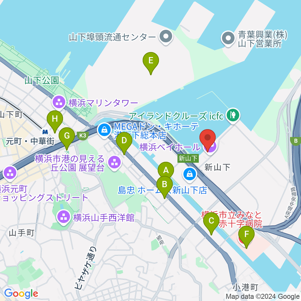 横浜ベイホール周辺のコンビニエンスストア一覧地図