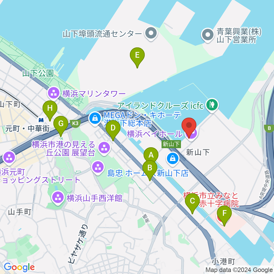 横浜ベイホール周辺のコンビニエンスストア一覧地図