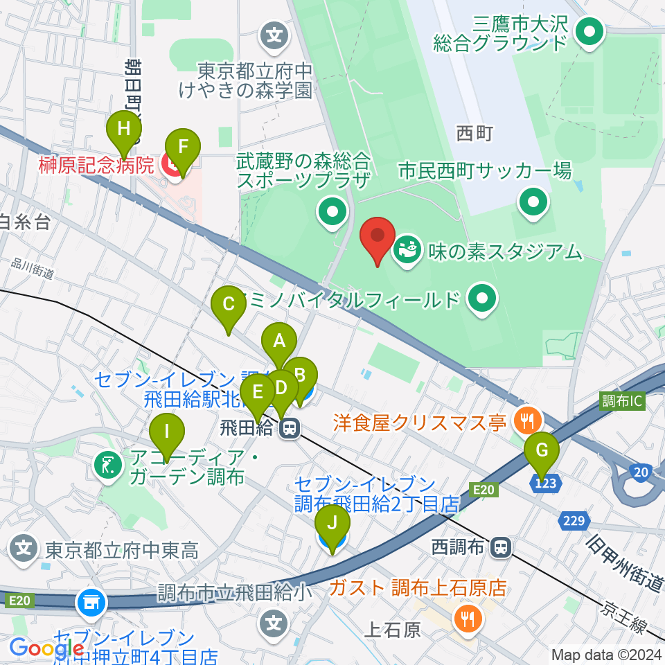 味の素スタジアム周辺のコンビニエンスストア一覧地図