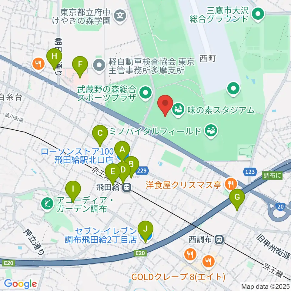 味の素スタジアム周辺のコンビニエンスストア一覧地図