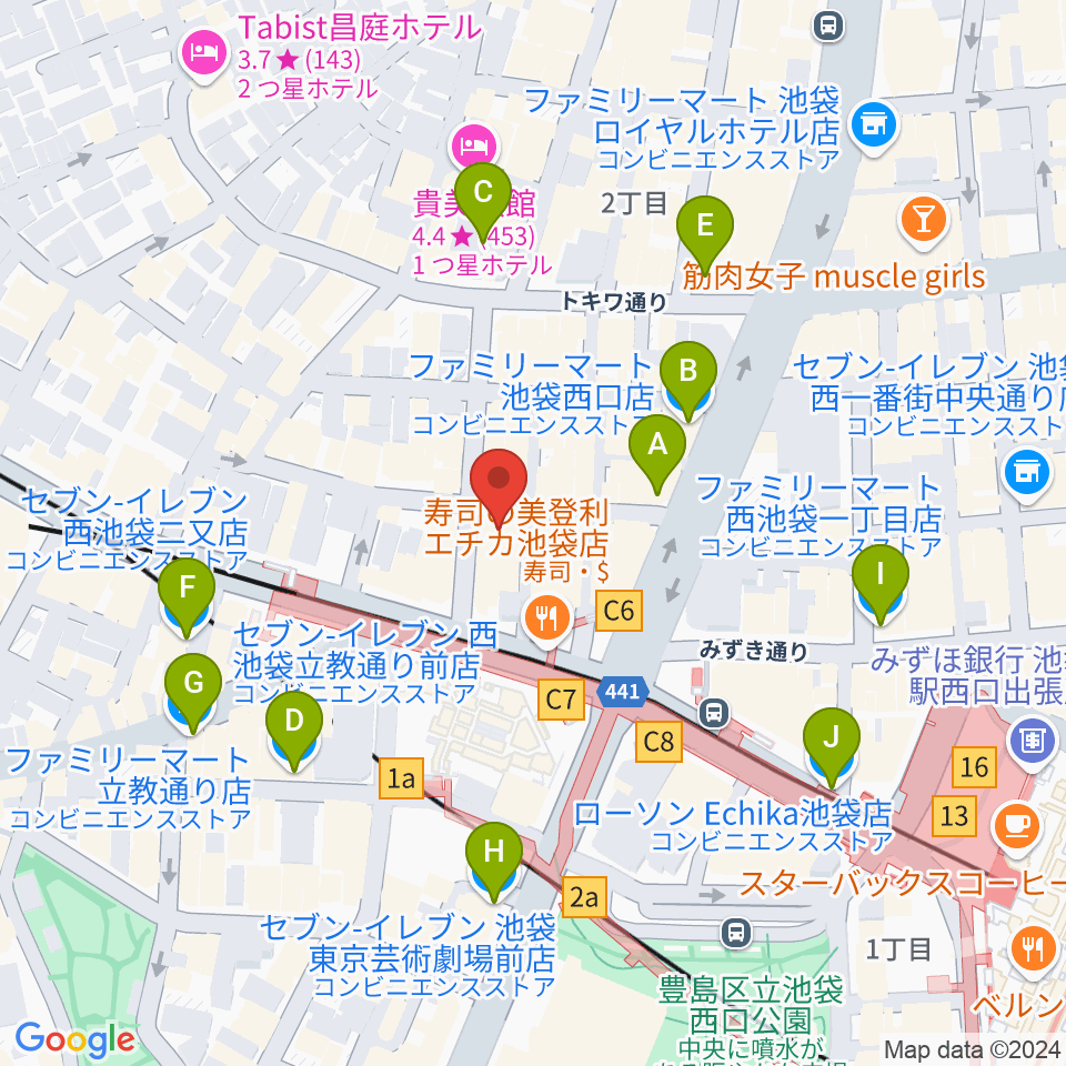 池袋BlackHole周辺のコンビニエンスストア一覧地図