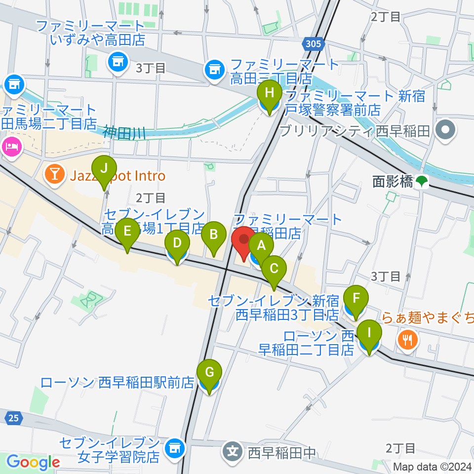 高田馬場JETROBOT周辺のコンビニエンスストア一覧地図