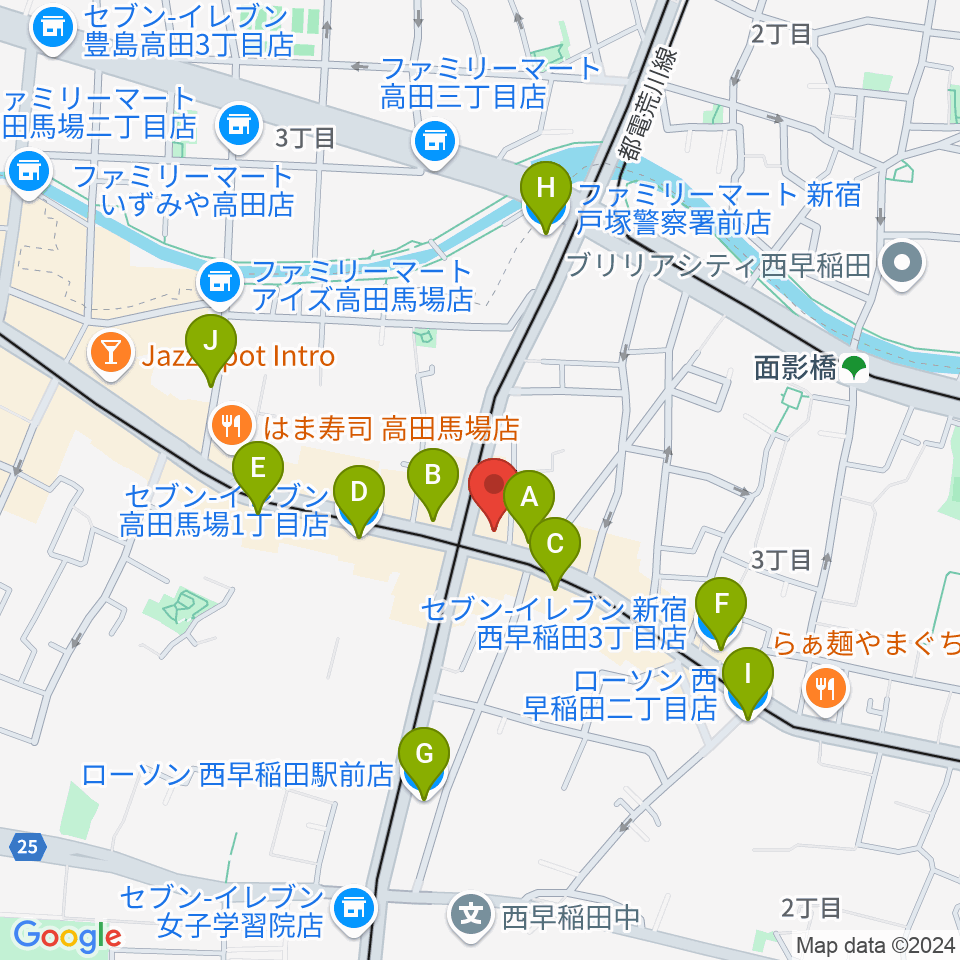 高田馬場JETROBOT周辺のコンビニエンスストア一覧地図