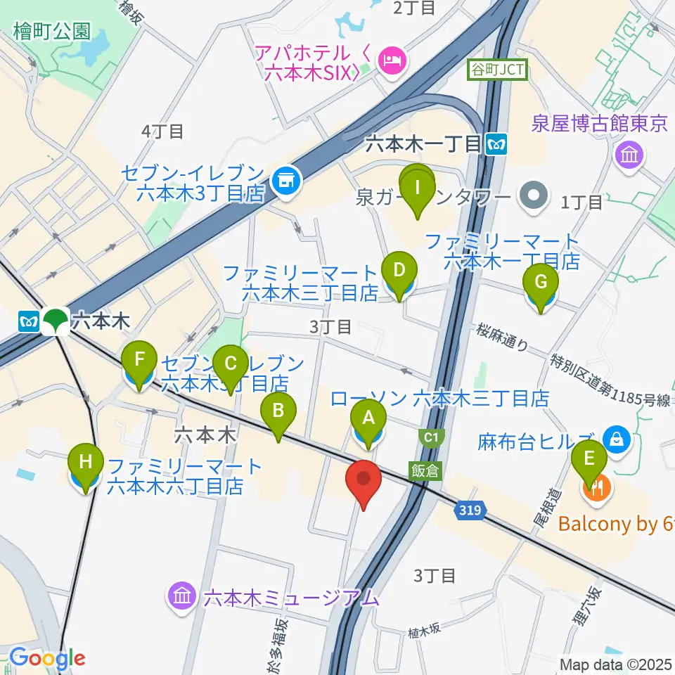 六本木ホオキパスクエア周辺のコンビニエンスストア一覧地図