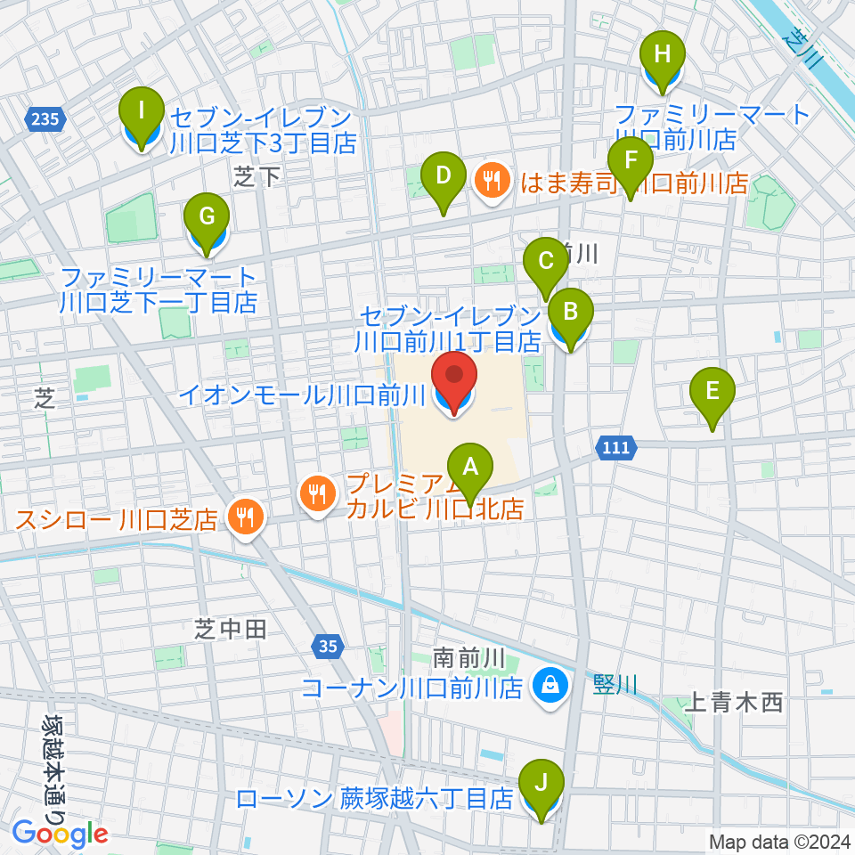 島村楽器イオンモール川口前川店周辺のコンビニエンスストア一覧地図