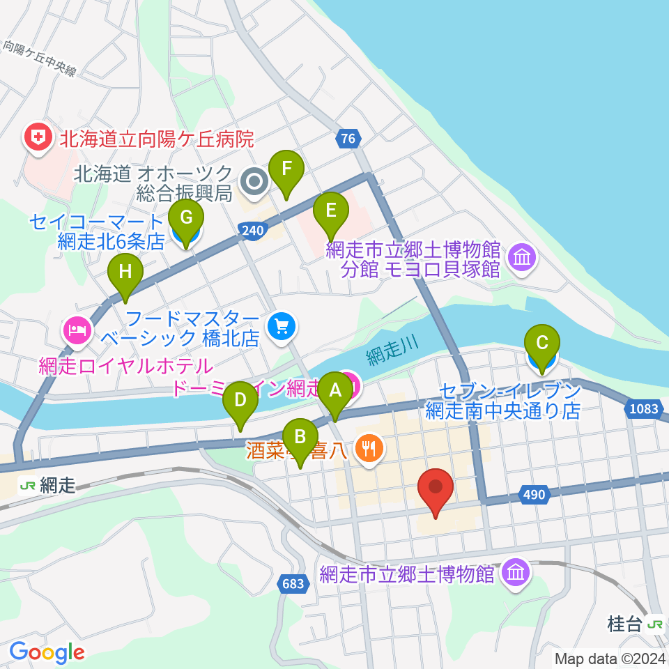 網走市民会館周辺のコンビニエンスストア一覧地図