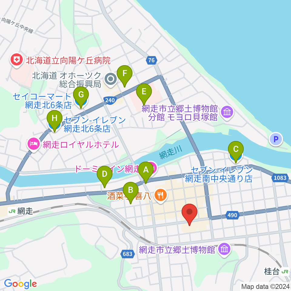 網走市民会館周辺のコンビニエンスストア一覧地図