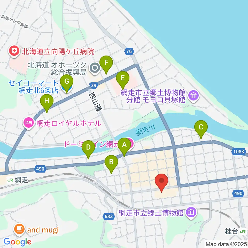 網走市民会館周辺のコンビニエンスストア一覧地図